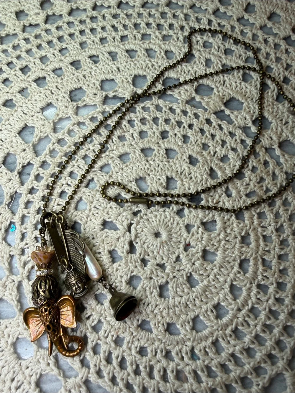 Boho Elephant Charm 26” Necklace - Brass Finish with Pink Accent
